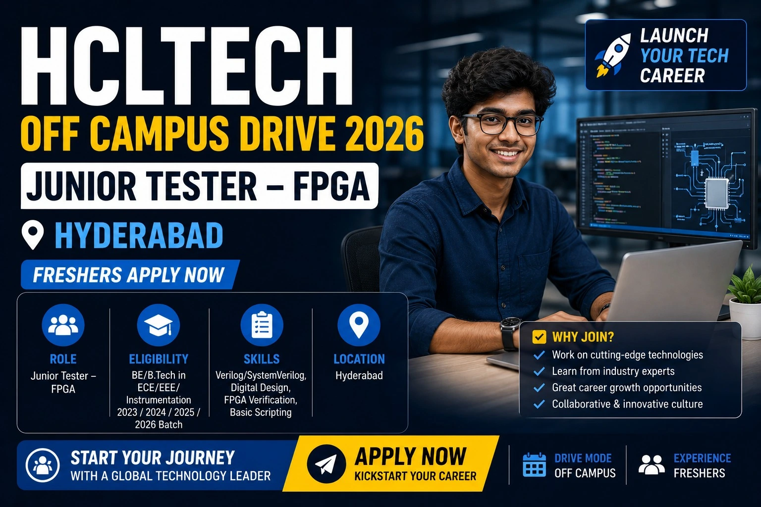 HCLTech Off Campus Drive 2026 | Junior Tester – FPGA Hyderabad | Freshers Apply Now